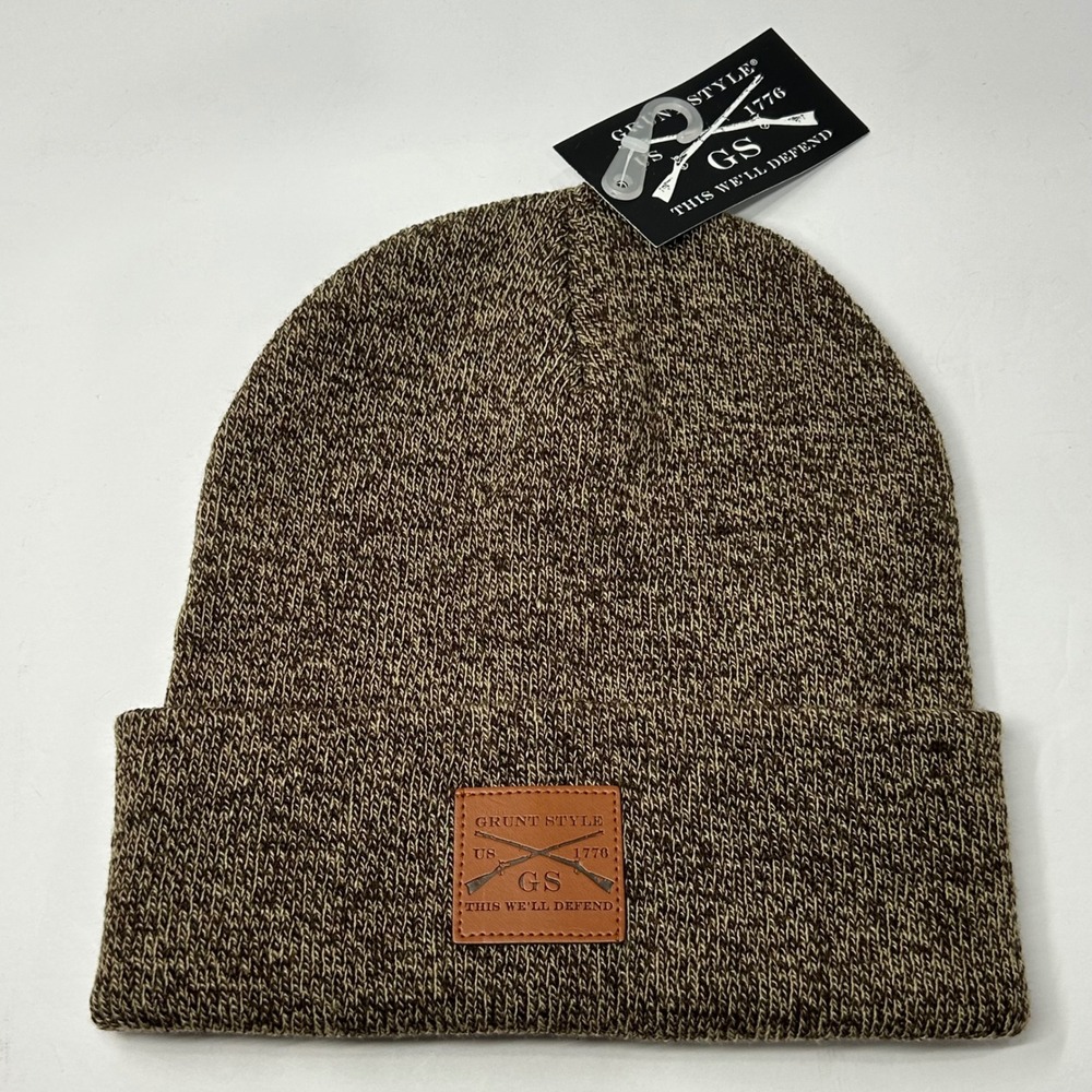 Grunt Style‎ Beanie Hat Brown Marled Knit Cuffed Watch Cap Faux Leather Patch